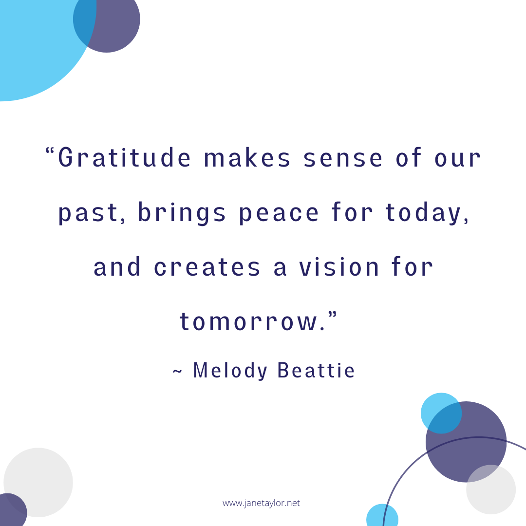 JT - Gratitude makes sense of our past, brings peace for today, and creates a vision for tomorrow. - Melodie Beattie